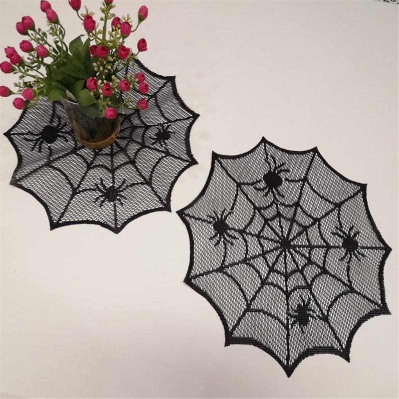 Round Spiders Webs Laces Placemat Soft Polyester Cobwebs Table Mats for Dining Ambiances