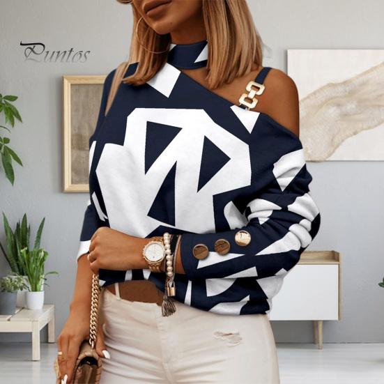 Autumn Blouse Women Top Long Sleeves Contrast Color Diagonal Collar Geo Printing Lady Spring Shirt One Shoulder Warm Elegant Chain for Shopping