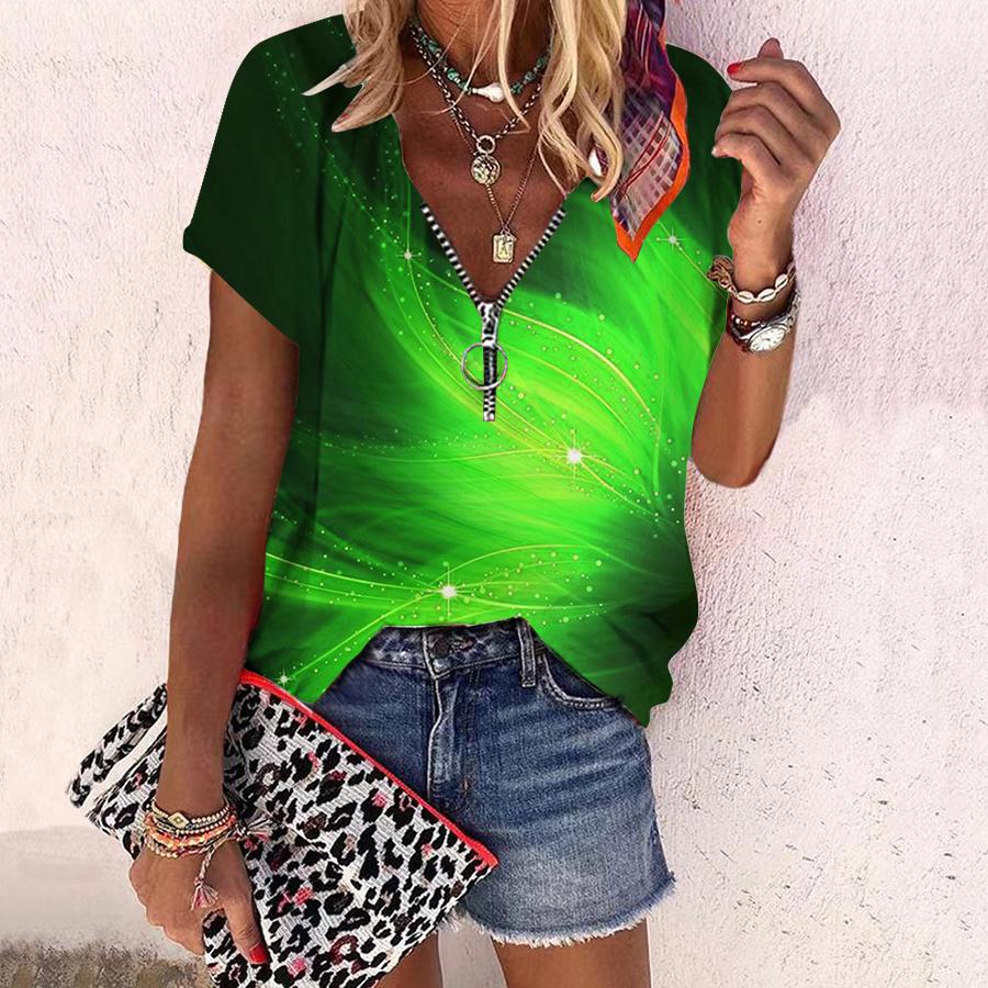 Dame Topp Sommer Ny Mote Rose Blomst Blått Mønster Trykt Casual Glidelås V-hals Kort Erm Topp