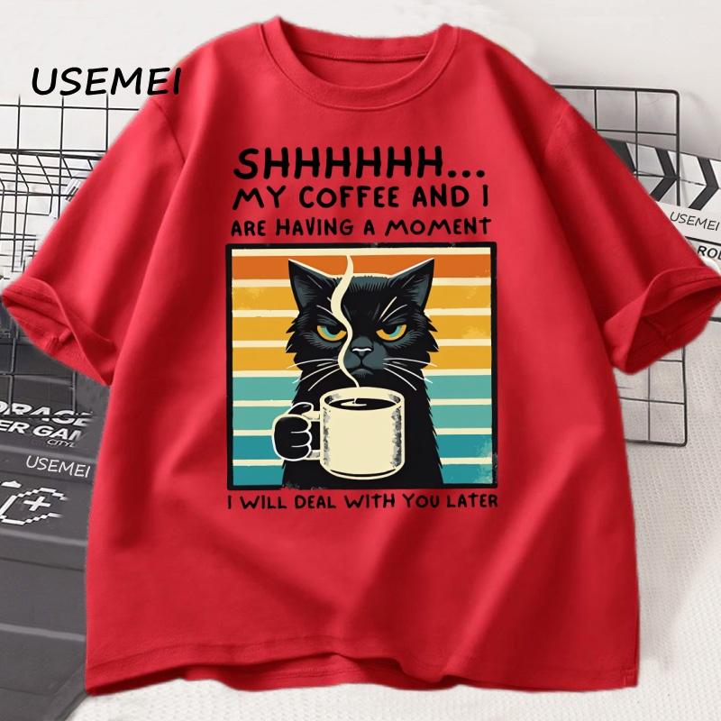 Funny Coffee Cat TShirt Summer Cotton Short Sleeve Cat Mama T Shirt Coffee Lover Tee Shirt Retro Cat T Shirt Unisexs Clothes S