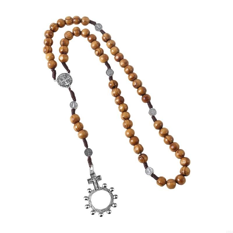 Braided Wood Beads Chain Rosary Necklace with Pardon Crucifix Crosses Medals Pendant Christians Religious Communion Gift