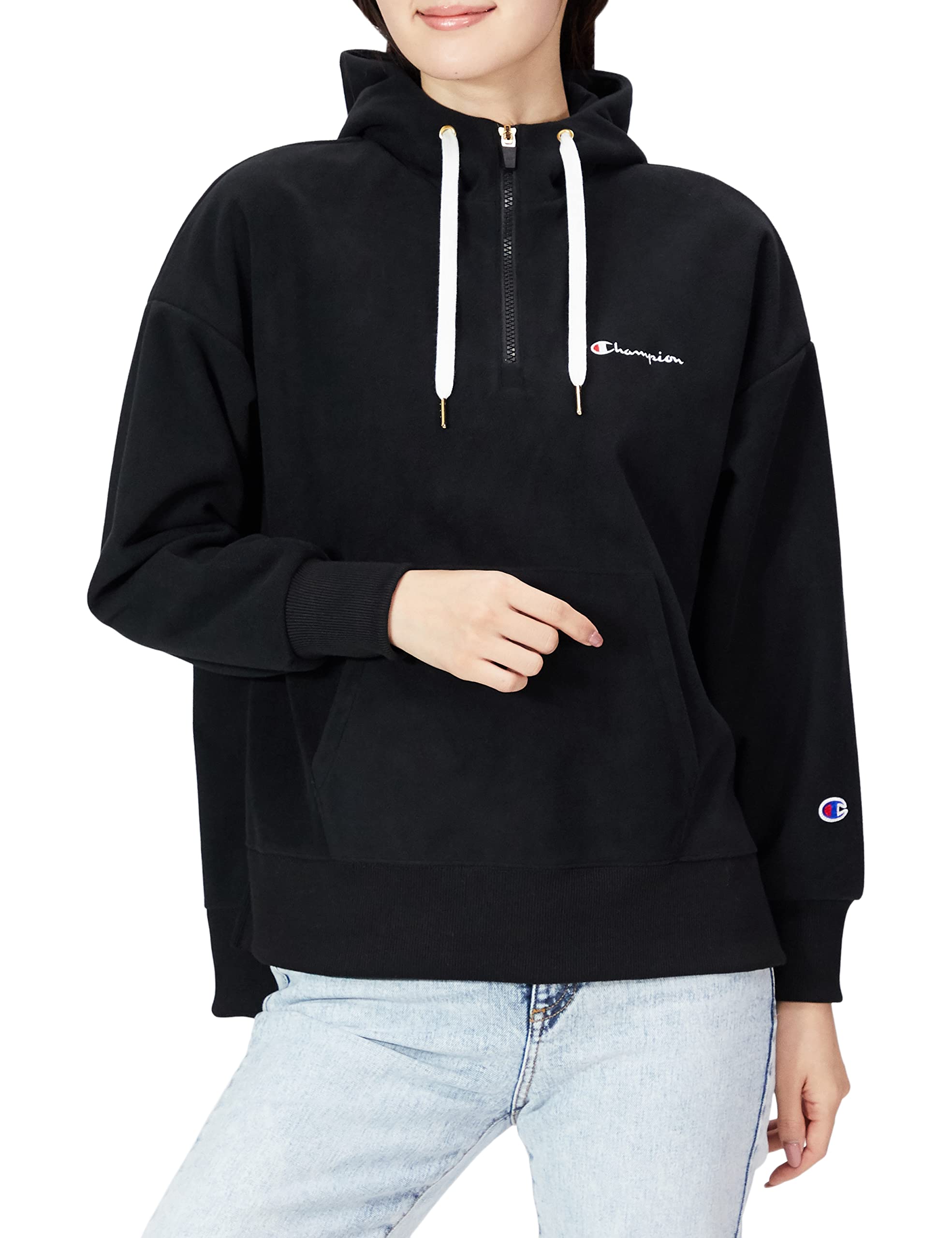 

Champion Sports Athleisure Hooded Size Micro Script Drop Sportswear Women s Jacket, CW-US106, Black, L, Fleece, Windproof, Logo, Shoulder, чёрный