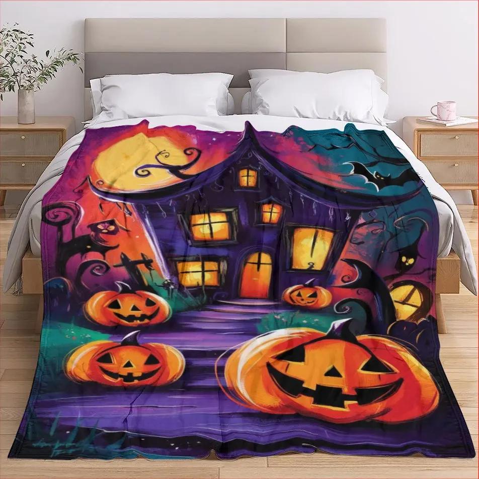 Halloween Haunted House Blanket Pumpkin Moon Night Scene Artistic Design Soft Fleece Throw Home Decor Gift Idea Party