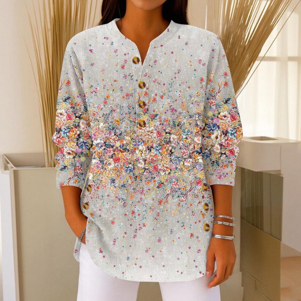 Damen Modisches Knopfkragen Langarm Weihnachtsdruck Pullover Top