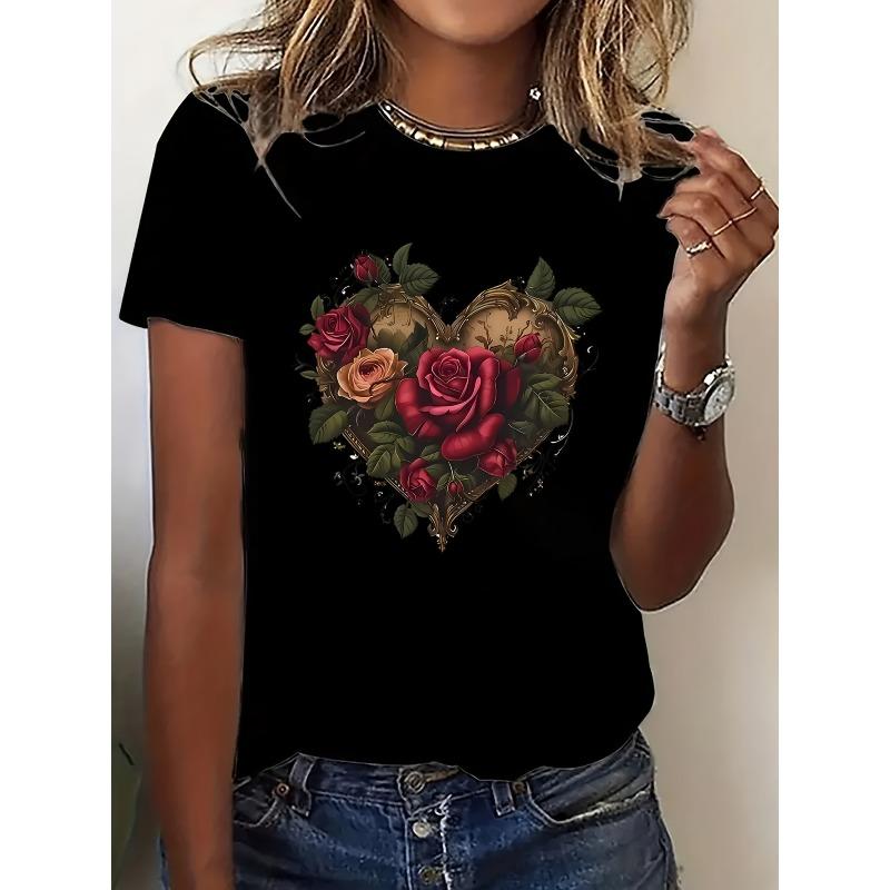 

European Size Woman S Vintage Floral Heart Print T-Shirt |Elegant Rose and Foliage Short Sleeve Blouse, Round Neck, for Valentine S Day, Casual Attire 4XL чорний