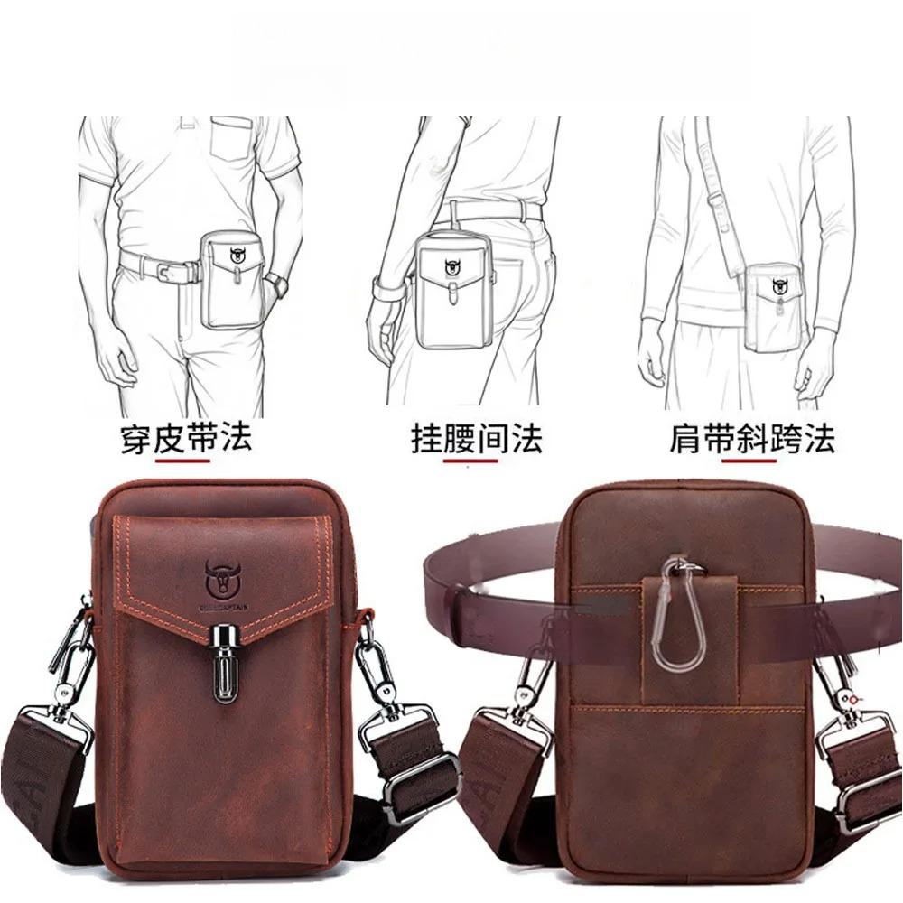BULLCAPTAIN Men's Genuine Leather Crossbody Phone Bag Vintage Cowhide Mini Shoulder Bag Casual Travel Sling Pouch Waist bag
