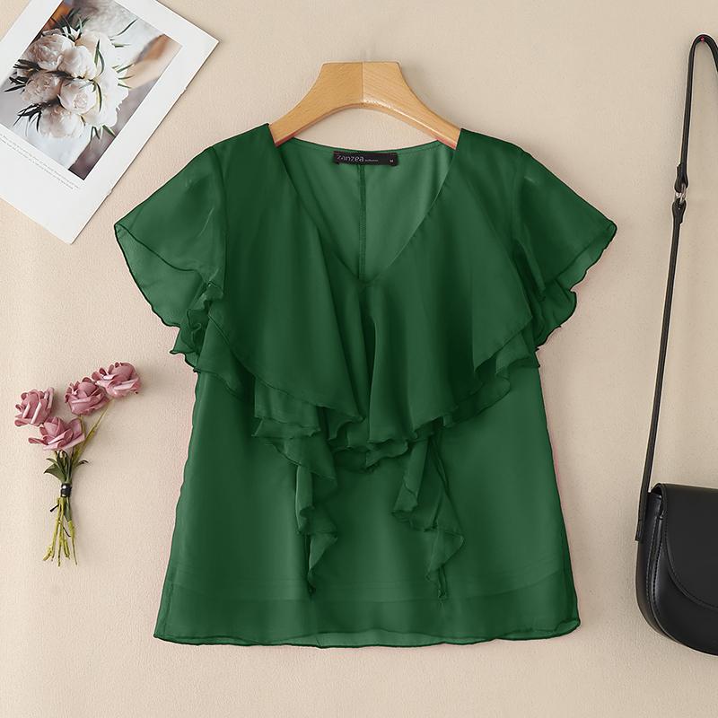 

ZANZEA Женская летняя блузка с оборками, V-образным вырезом, коротким рукавом, в повседневном стиле 5XL зелёный
