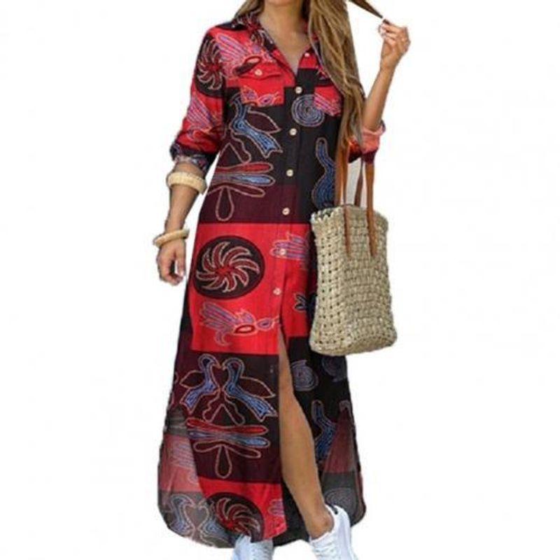 

2022 New Fashion Long Sleeve Shirt Dress Long Dress Dress Wine Red M
