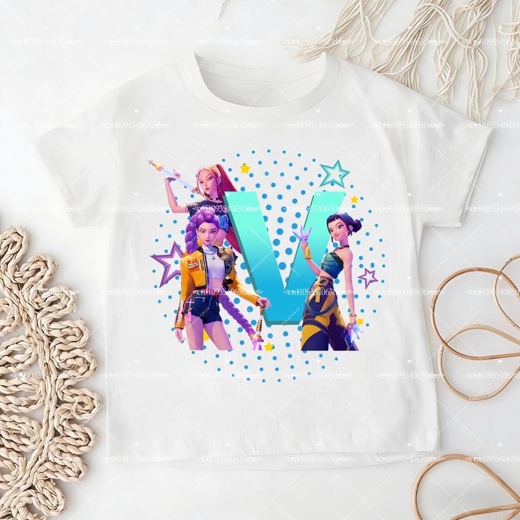 K-pop Demon Hunter Children's Cotton T-shirt for Girls - Sports Shirt - 2026 New Summer Short-Sleeved Casual Top - A-Z Letters