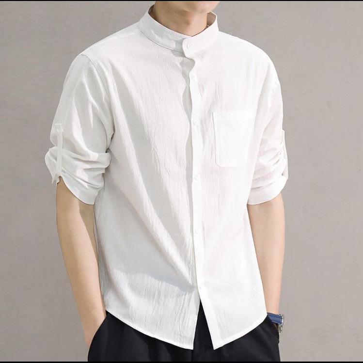 Men's Summer Korean Style Cotton-Linen Slim Fit Linen Shirt with Five-Point Sleeves.