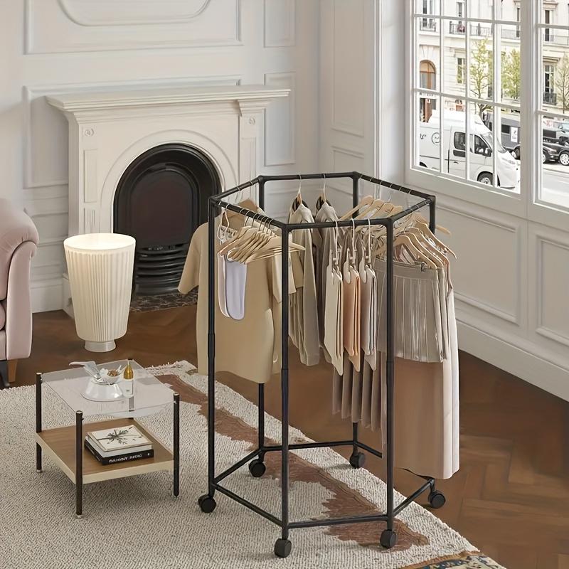 Stainless Steel Wardrobe Organizer - Freestanding 6-Bar Clothes Rack with Wheels & Shelves, Space-Saving Design,Metal Frame