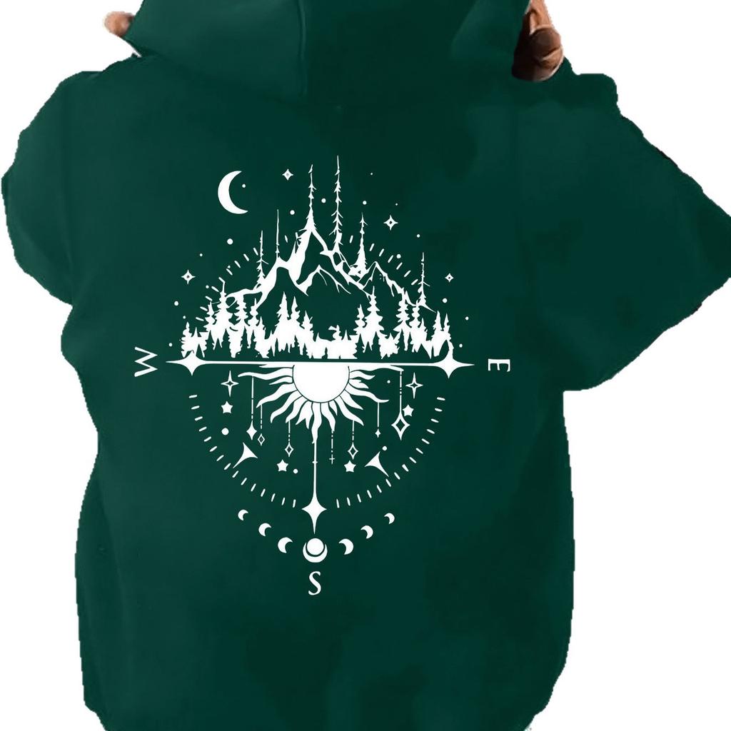 Street camping wind forest star theme printed hoodie mountain view moon phase oversize couple sweater