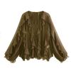 Women's V Neck Long Sleeve Ruffle Chiffon Blouse Loose Fit Lantern Cuff Single Breasted Flowy Shirt Spring Casual Top