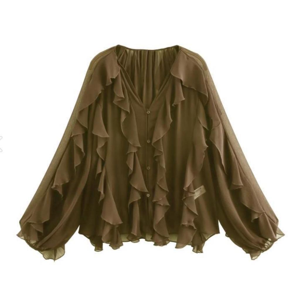 Women's V Neck Long Sleeve Ruffle Chiffon Blouse Loose Fit Lantern Cuff Single Breasted Flowy Shirt Spring Casual Top