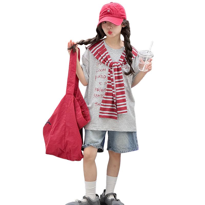 Girls' Korean Style Summer Striped Shawl T-shirt & Denim Shorts Set for Big Kids