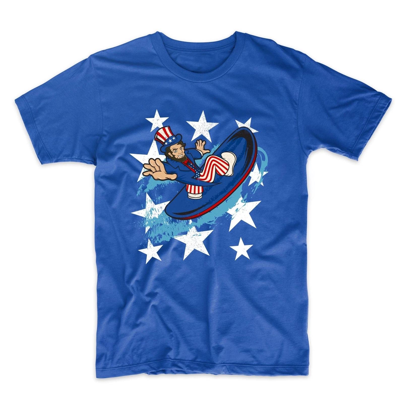 

Abraham Lincoln Surfing Funny 4th of July Surfer Blue T-Shirt M