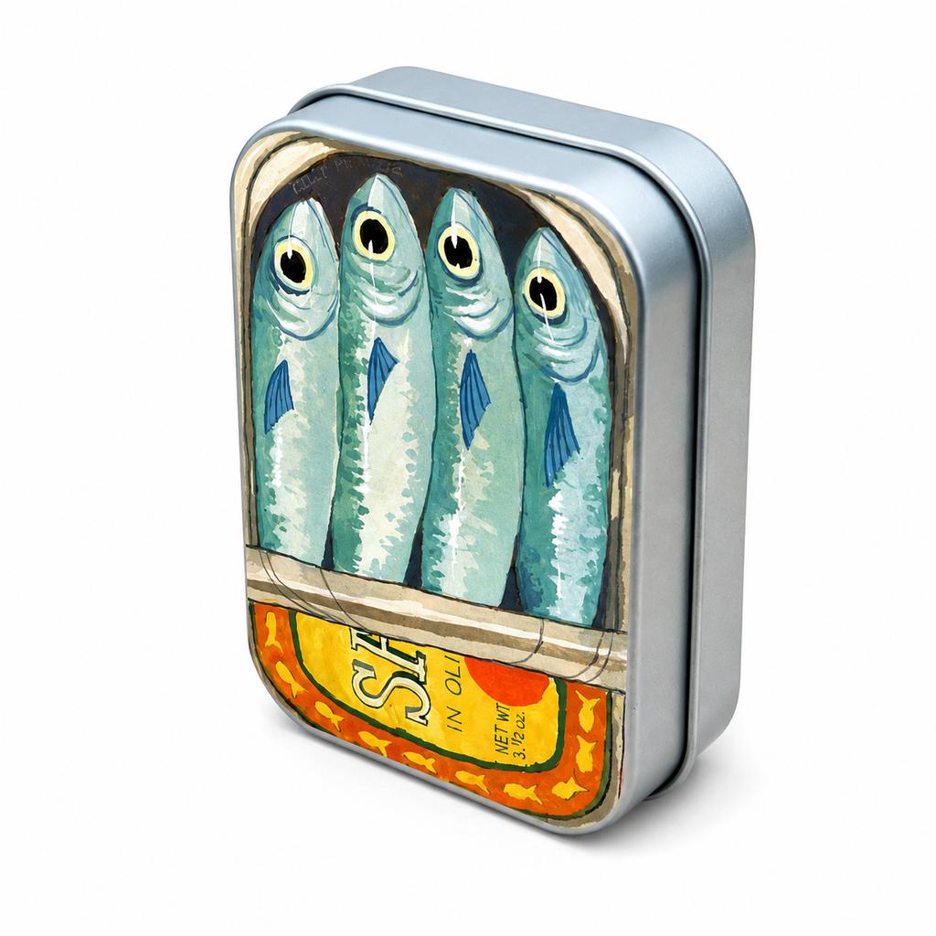 Portable Tin Case Mini Metal Box Cute Sardine Print Tin Box Small Pill Case Travel Jewelry Storage Case Desk Handbag Office