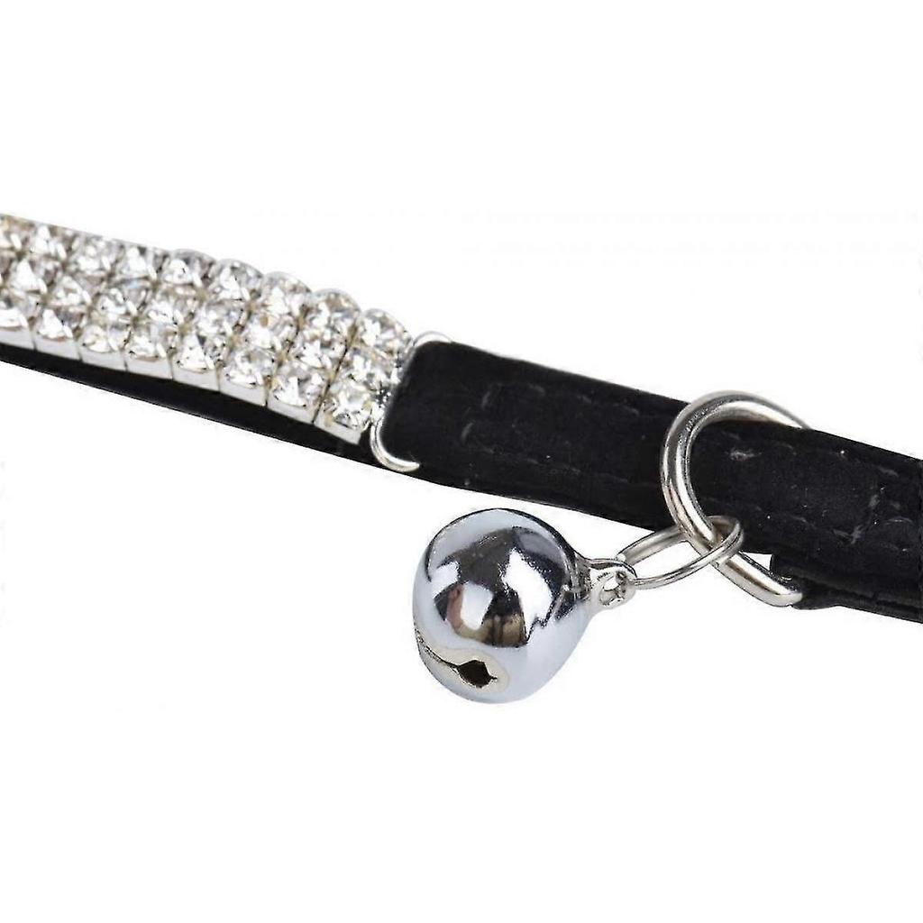 Měkký Sametový Bezpečný Kočičí Nastavitelný Obojek Bling Diamantový Se Zvonky, 11 Palců Pro Malé Psy A Kočky ((Černá))