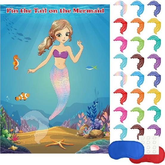 FEPITO Pin The Tail on The Dinosaur Game with 24 Pcs Tails for Dinosaur Birthday Party Supplies, Boys Dinosaur Party Game Mermaid