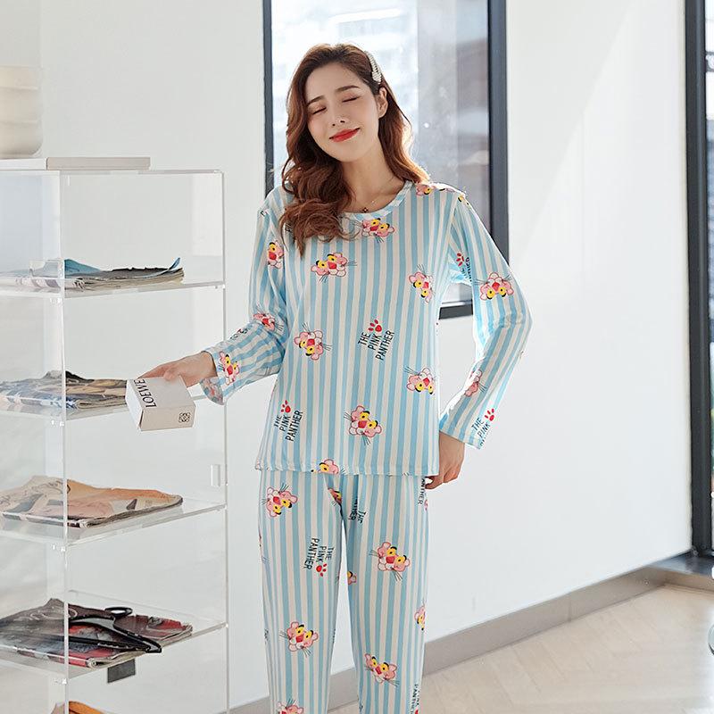 Spring and Autumn women's cartoon pajamas, pink girl cat print long-sleeved suit, loose loungewear
