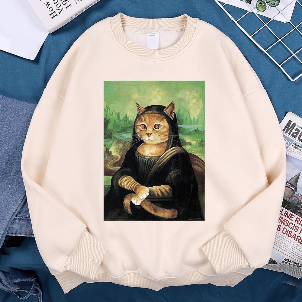 Orange Cat Parodies Mona Lisa Man Hoody For Women Unisex Casual Loose Sweatshirt Creativity O-Neck Clothes Autumn High Quality Hoodie