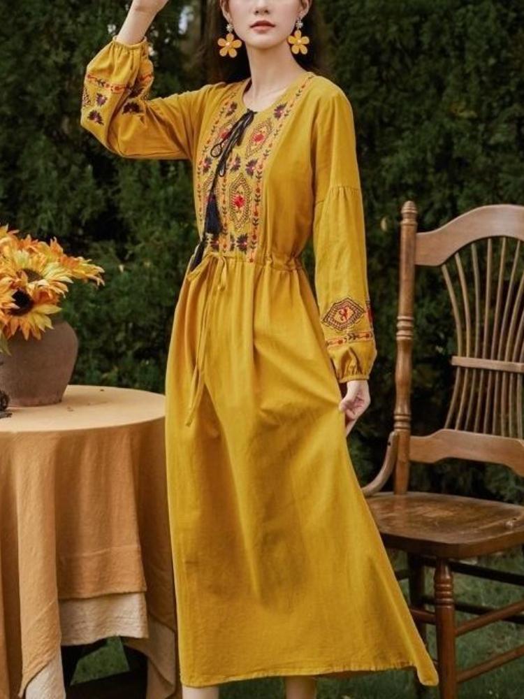 

Весенне-летнее элегантное этническое платье с вышивкой, женские винтажные праздничные свободные платья, модный дизайн для путешествий, повседневная одежда, новинка 2XL жёлтый