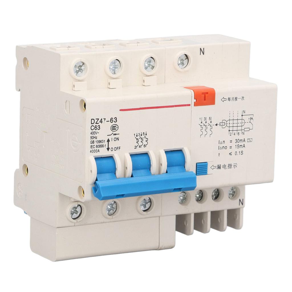 Circuit Breaker 3P 63A 220V Overload Short Circuit Leakage Protection Residual Current Circuit