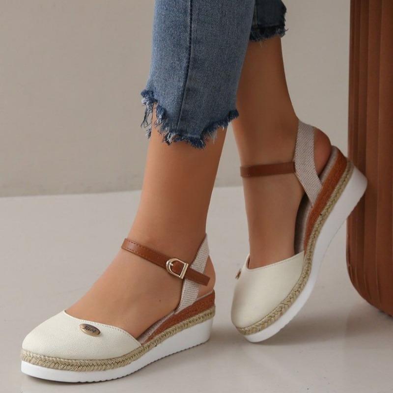 Sommer neuer Taschenkopf hinten leer Keilabsatz Sandalen Damen Hanfseilboden Schnalle dicksohlige Damen Sandalen