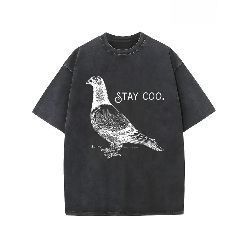 

European Size 1pc, Washed, Keep Calm, Pigeon Print T-Shirt, High-Quality Wax Printed Cotton Retro Fashion Brand T-Shirt, Suitable for Summer T-Shirt S чёрный