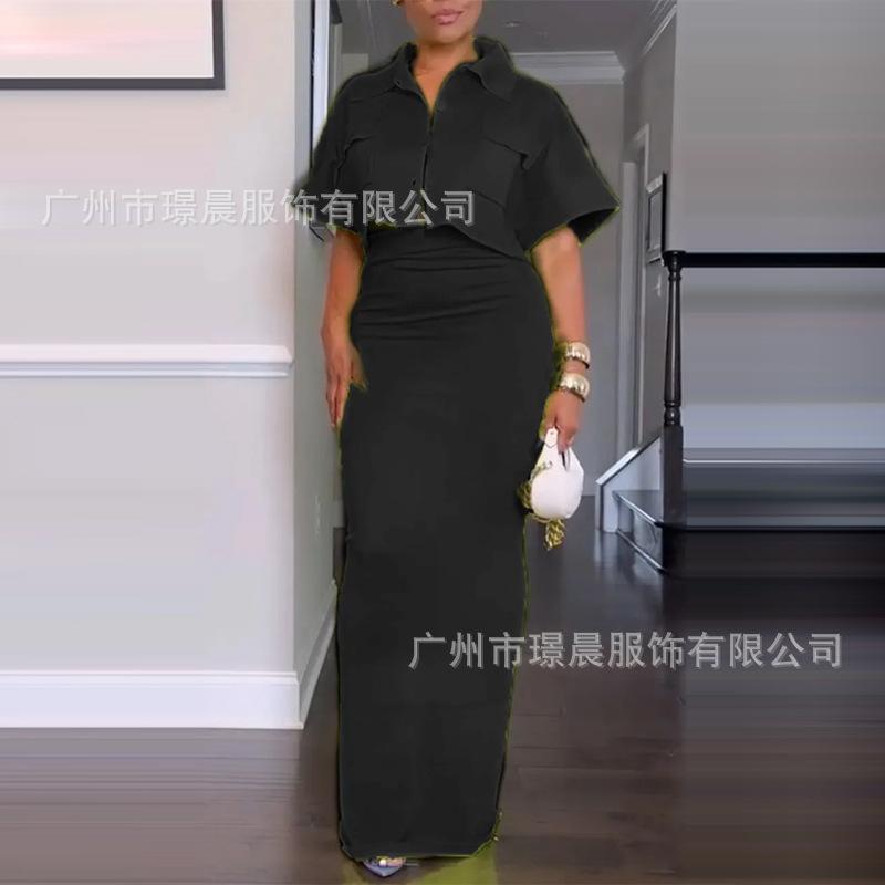 Women's Collar Short Sleeve Two Piece Skirt Suit Cropped Pocket Top High Waist Bodycon Maxi Skirt Elegant Summer Matching Outfit