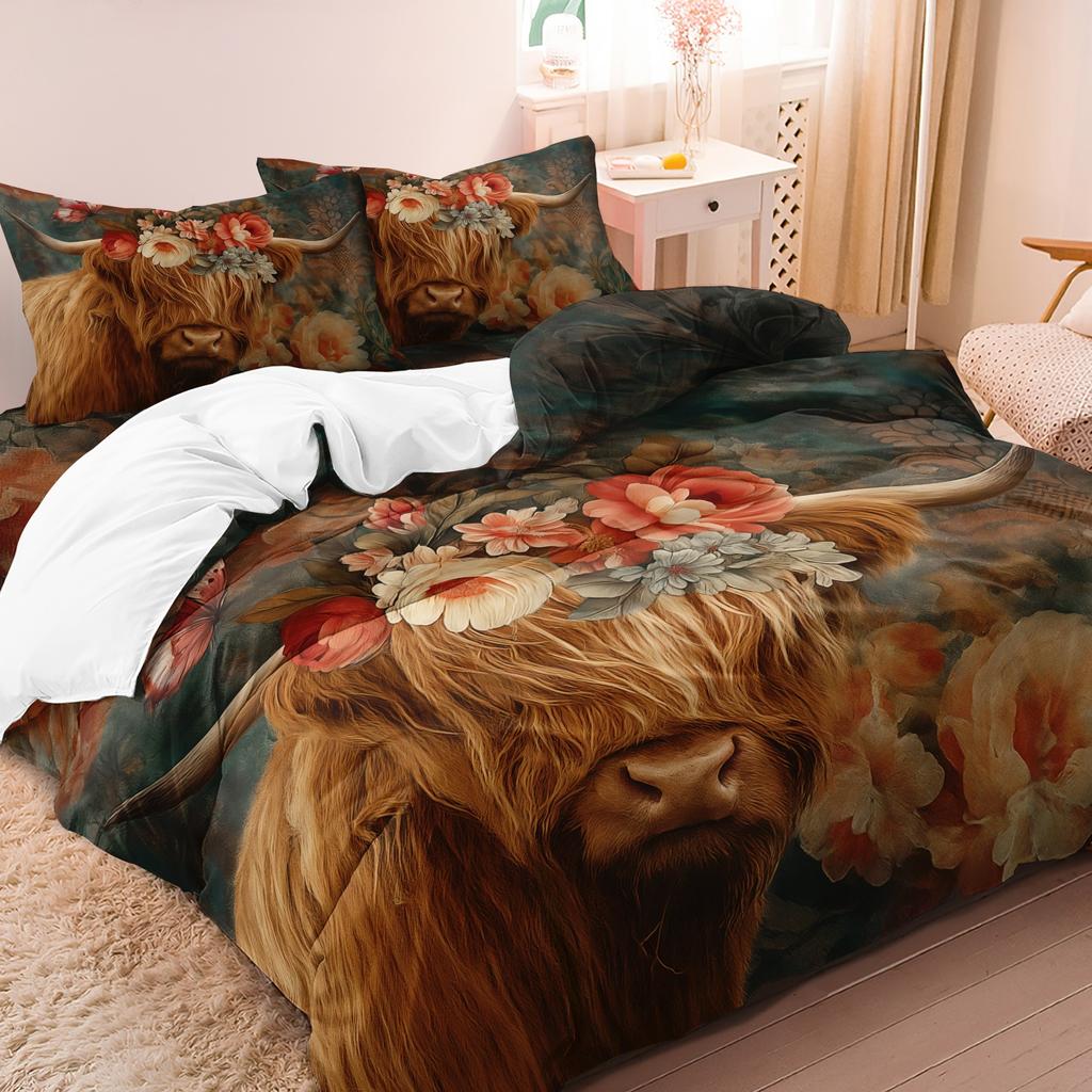 3pcs Highland Cow Pattern Duvet Cover Set Fabric With Digital Animal Print 1 Duvet Cover And 2 Pillowcases (No Quilt)