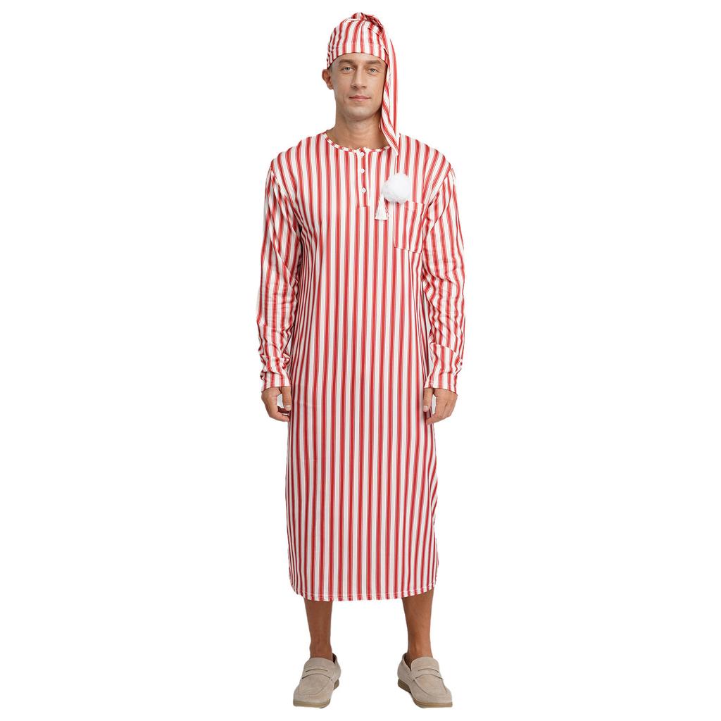 Męska odzież nocna Sissy Pasiasty szlafrok nocny Długi rękaw Długi szlafrok Pompon Regulowana czapka do spania Arabskie piżamy