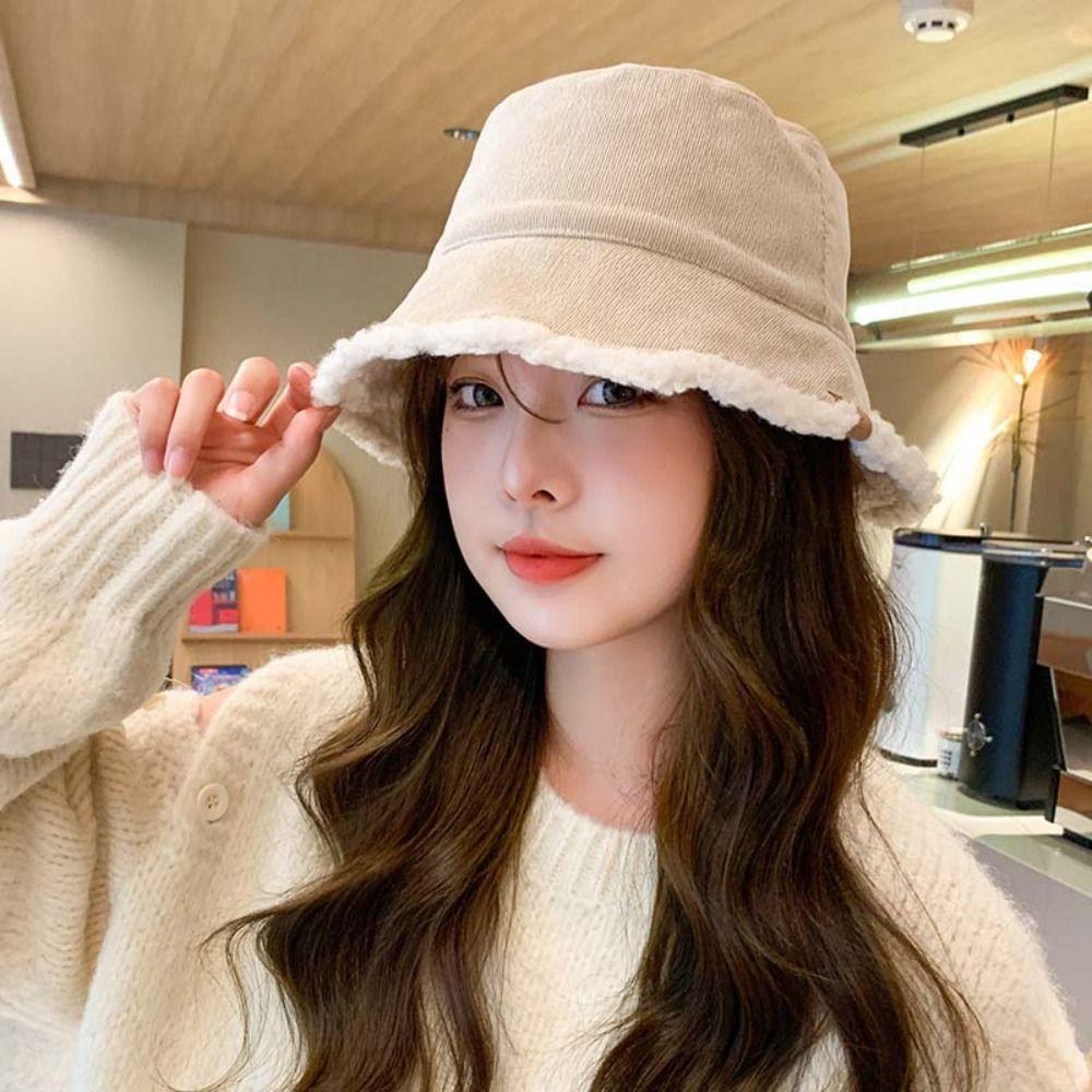 Casual Lamb Wool Bucket Hat Sun Protection Female Hats Winter Soft Plush Fishman Hat  Girl