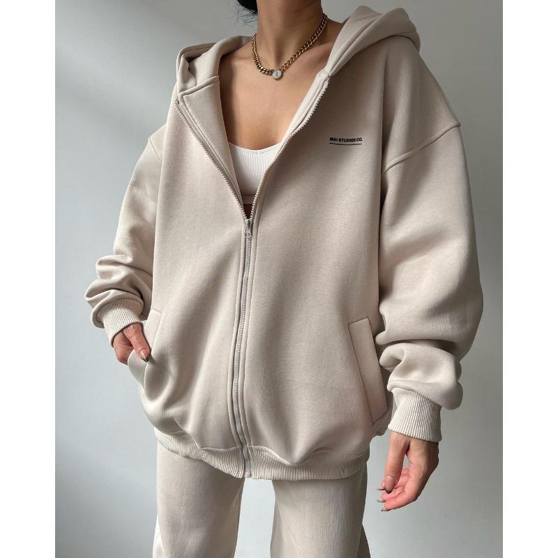 Damen Langarm Fleece Bedrucktes Kapuzensweatshirt und Lässige Hose Zweiteiliges Set