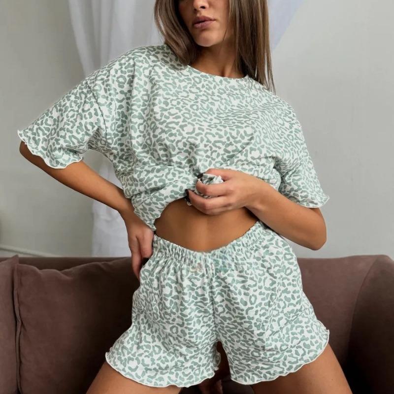 Summer Fashion Round Neck Leopard Printing Short Sleeve T-shirt Loose Casual Ruffles Shorts Set Suit Homewear