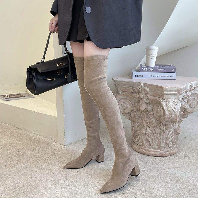 Boots women over the knee 2025 autumn and winter new women's boots square head small elastic long tube thin winter boots velvet