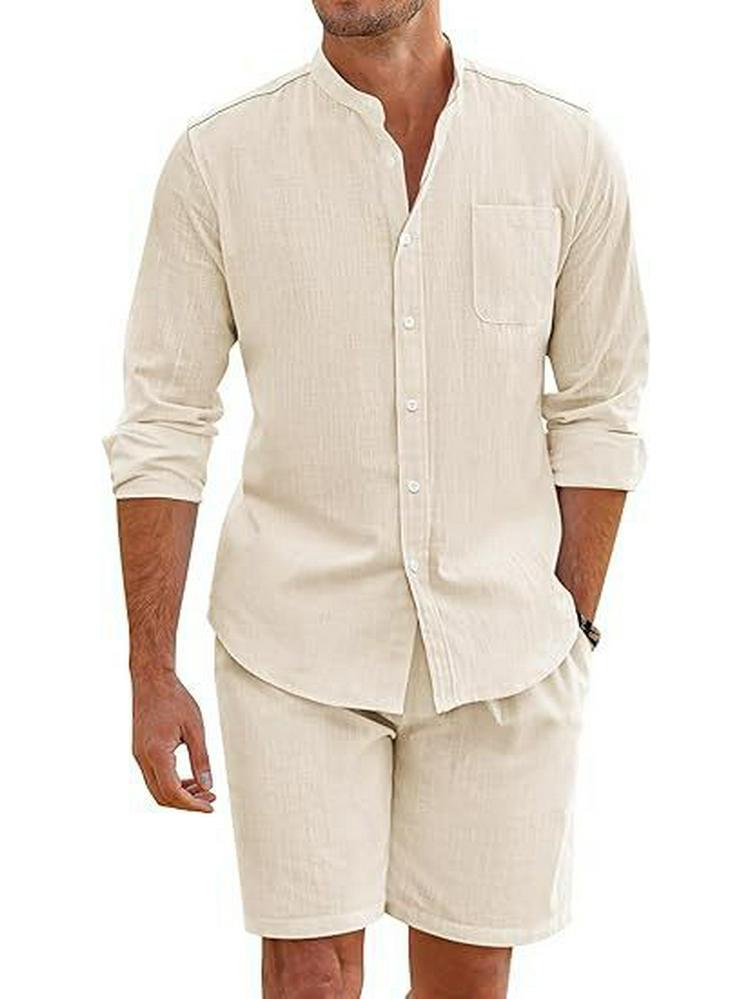 

Мужской летний комплект из двух предметов из полиэстера: Рубашка с длинным рукавом на пуговицах и шорты для повседневной пляжной одежды Medium бежевый