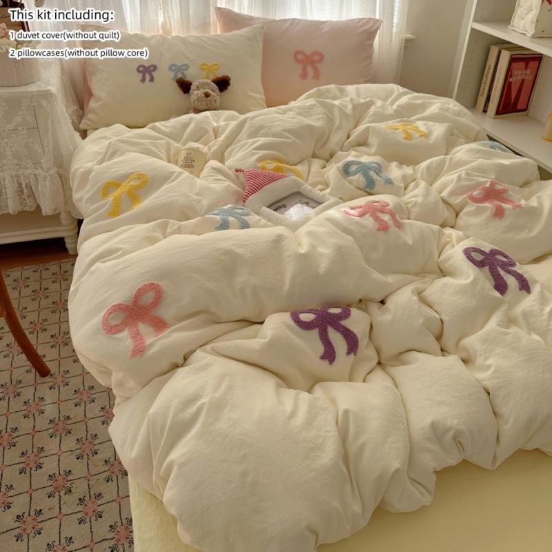 3 Piece Sheet Set Chut Bowknot Embroidery Duvet Cover Set Comfortable Bedding Set Bedspread for All Season