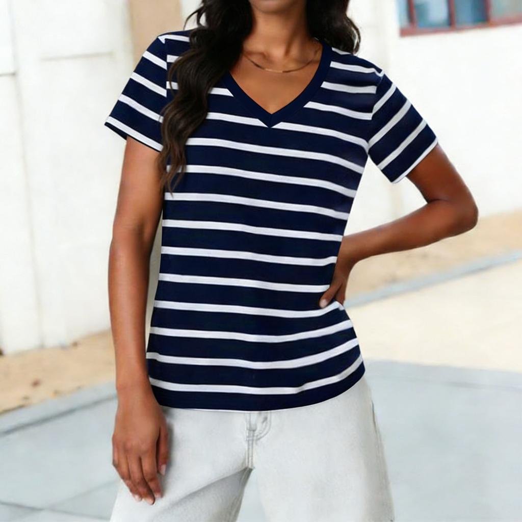 Ladies' Casual Fashion Striped Printed Short Sleeved Shirt