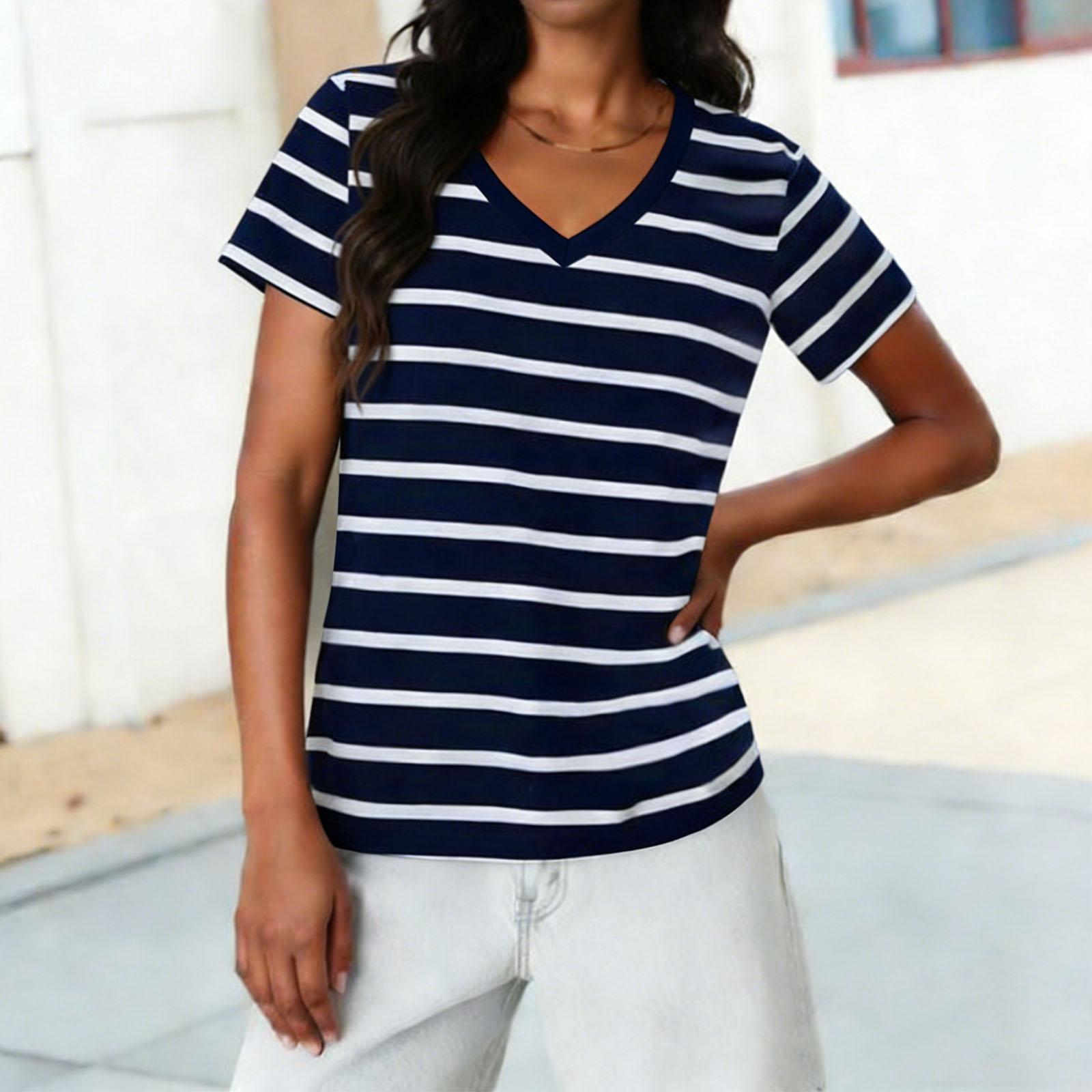 Ladies  Casual Fashion Striped Printed Short Sleeved Shirt L тёмно-синий