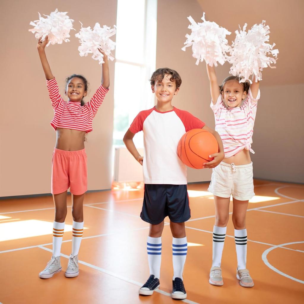 Shihanee 6 Pairs White Knee High Socks Striped Tube Socks Roller Skate Skating Soccer Athletic Sports Long Stockings Leg Warmer Gifts for 7-12 Year