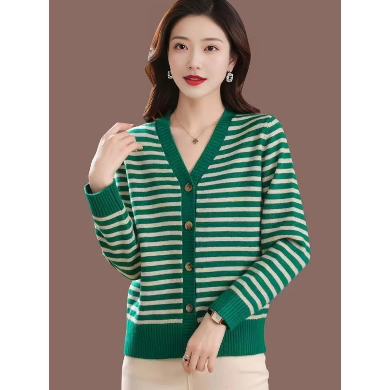 Mom's Cardigan Spring Autumn and Winter Striped Collar Jacket New Women's Knitted Top