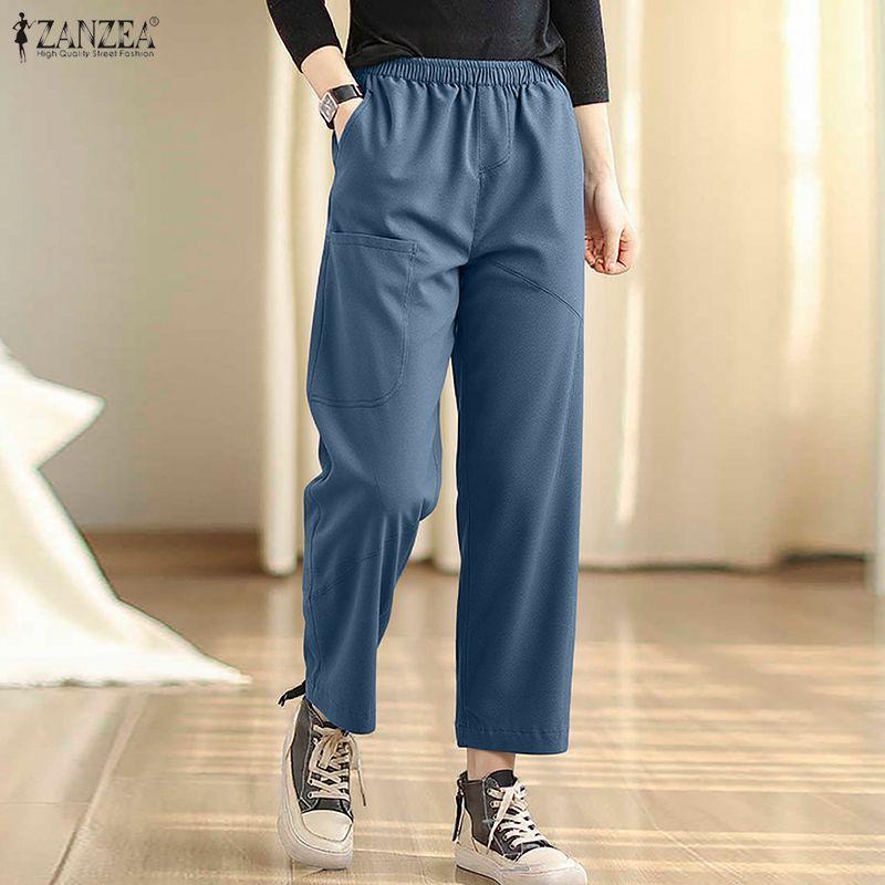 ZANZEA Women Casual Elastic Wasit Solid Color Loose Harem Pants