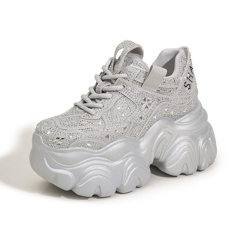 Fashion Shiny Rhinestone Chunky Platform Sneakers Trendy Bling Design, Ultra-Thick Sole Women’s Shoes for Street Fashion & Party Styling