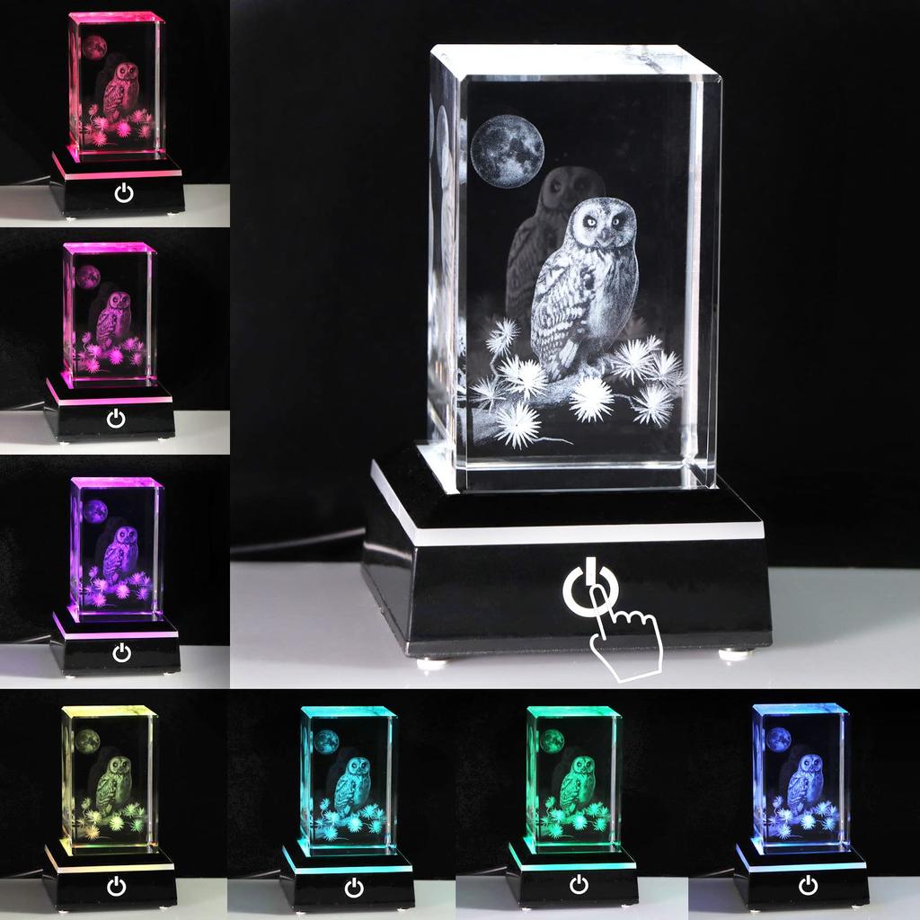 Kertari Birthday Gift for Women and Men - Popular Owl Figurine [Authentic] K9 Crystal Owl Ornament with LED Light Base, USB Charging, for Entrance, Lu