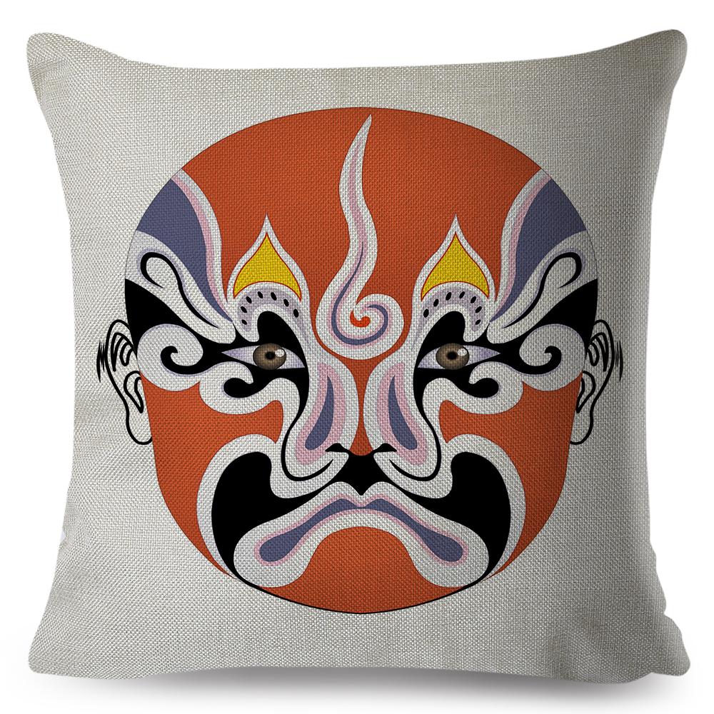Chinese Opera Mask Pillow Xcm Original Artistic Illustration Vibrant Traditional Colors Woven Fabric Cover
