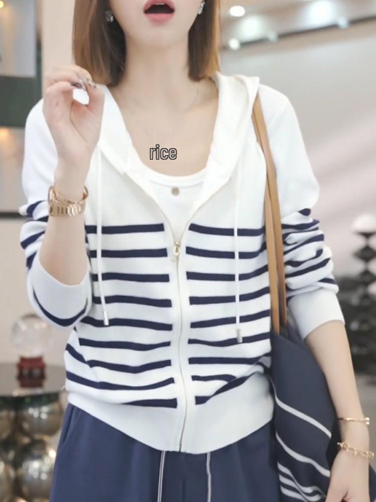 Trendy Women's Color Block Striped Knit Hoodie - Early Autumn Style, High-End, Loose Fit, Slimming, Versatile Cardigan