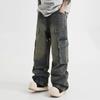 Mens Relaxed Fit Straight Leg Denim Cargo Pants Water Washed Vintage Streetwear Style