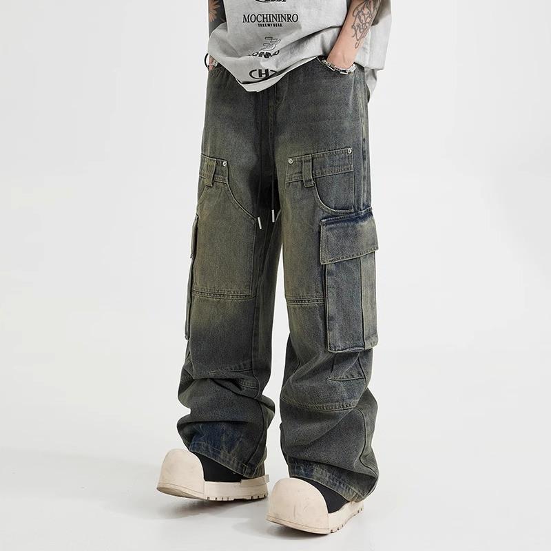 Mens Relaxed Fit Straight Leg Denim Cargo Pants Water Washed Vintage Streetwear Style