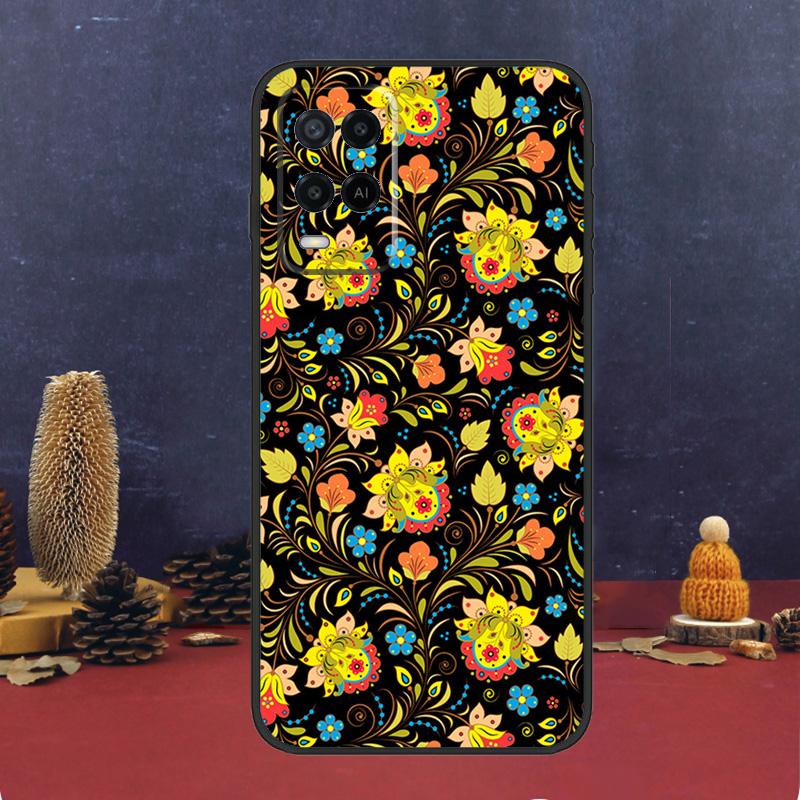Khokhloma Russian Pattern Flower Case For OPPO A54 A74 A94 A98 A78 A79 A16 A76 A96 A5 A9 A17 A77 A15 A52 A72 A53 A57S Cover